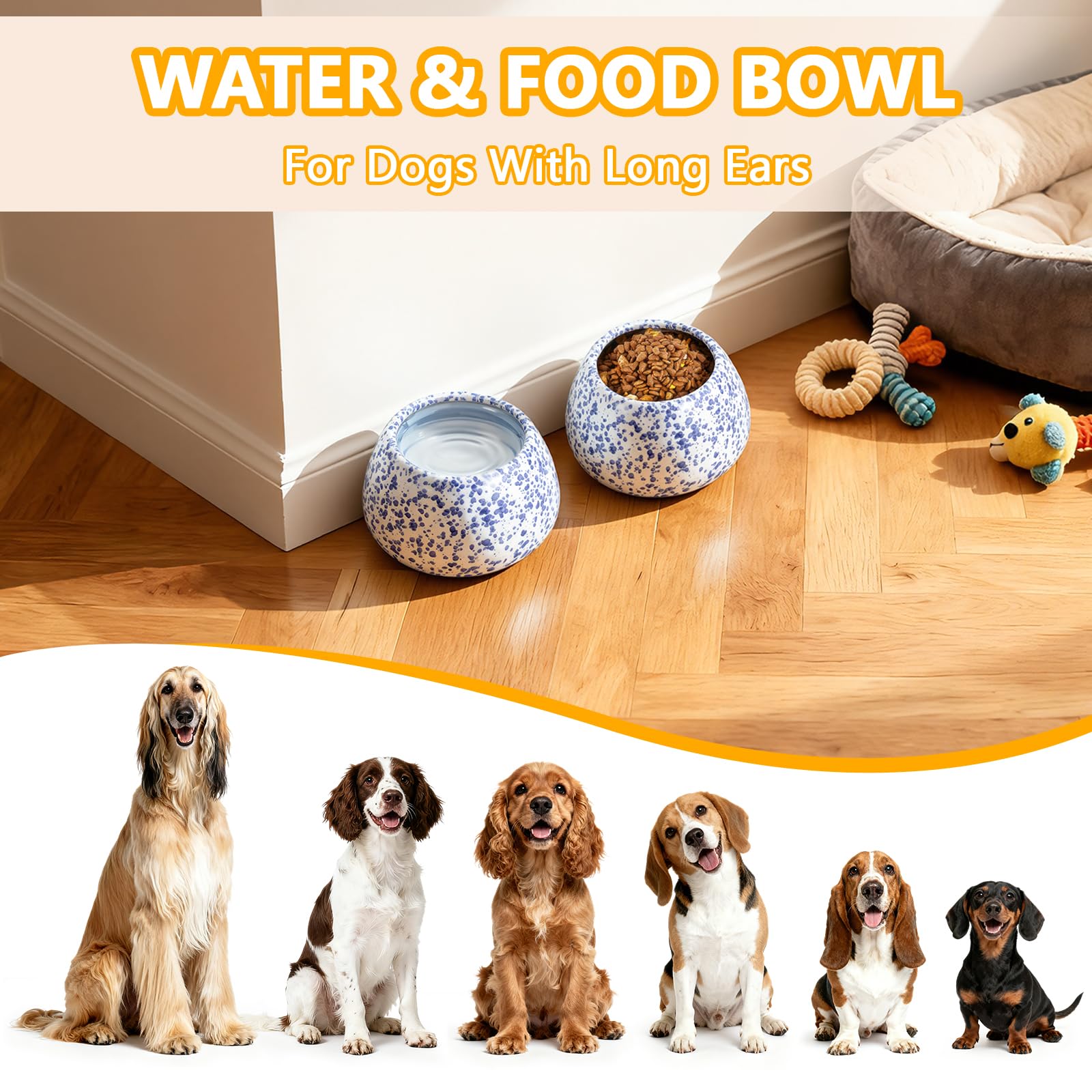 Ceramiczne miski dla psów, długie uszy duże psy miski na wodę i karmę - bez rozlania miska dla zwierząt biała z niebieskimi plamkami, cocker spaniel beagle bassett hound