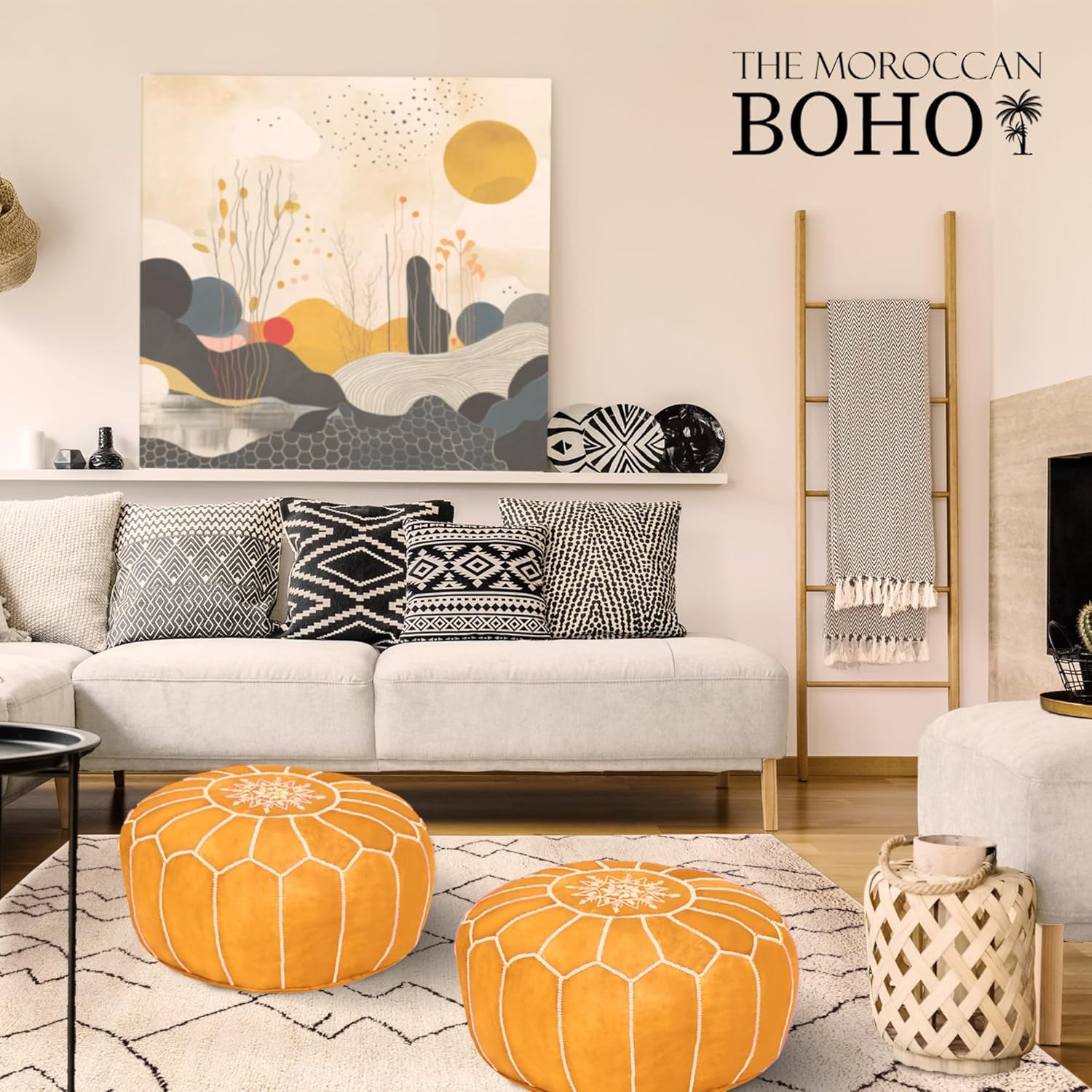 Moroccan Leather Pouf Ottoman for Living Room - Round Ottoman Cover - Unstuffed Leather Foot Stool - Yellow