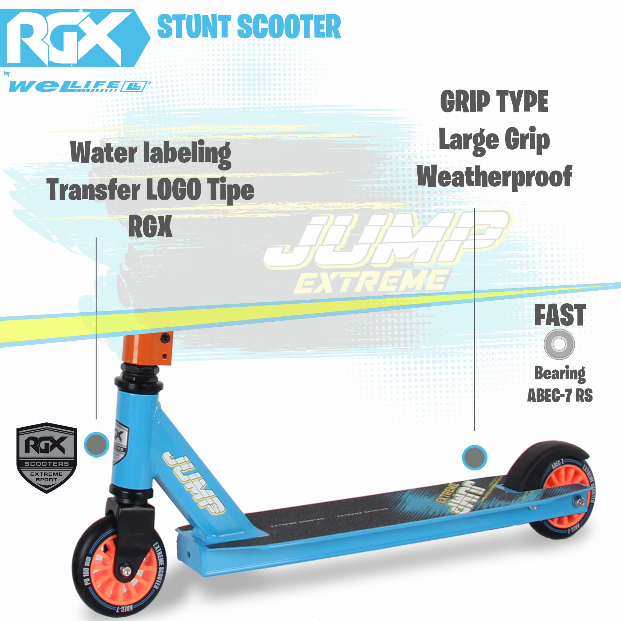 WeLLIFE Monopattino Freestyle Acrobatico Jump Extreme Stunt Scooter per Bambini e Ragazzi in Alluminio con Pedana Rinforzata Ruota 100 mm Cuscinetti a Sfera ABEC 7 (Blue)