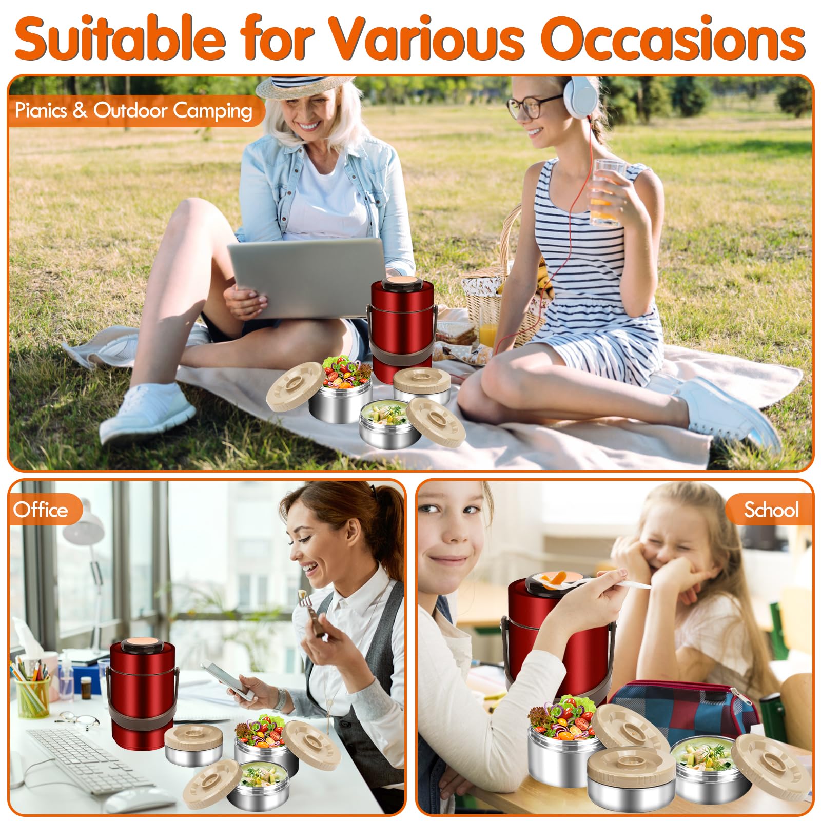 SSAWcasa Thermoskanne für heiße Speisen, 3-lagig, stapelbar, 1,9 l, isolierte Lunchbox, große Suppen-Thermosdose mit Lunchtasche, Löffel, Gabel, Edelstahl, Reise-Bento-Behälter für Erwachsene, Büro,