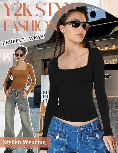 YOGINGO Womens Square Neck Basic Long Sleeve T Shirt Slim Fit Tees 2024 Fall Y2k Going Out Crop Tops Cute Tight Shirts - Image 4