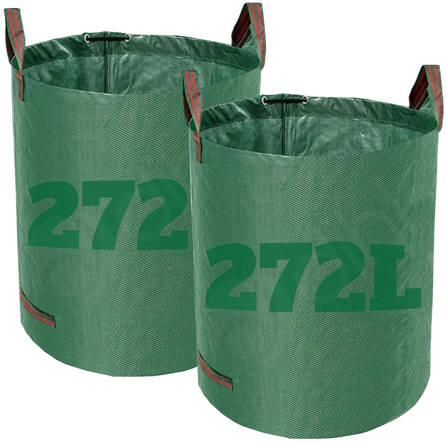 Dihl 272 Litre Heavy Duty Garden Waste Bags, Reusable Rubbish Sacks with Upper and Side Handles, 67cm ø x 76 cm, Green, Woven Polypropylene (Pack of 2)