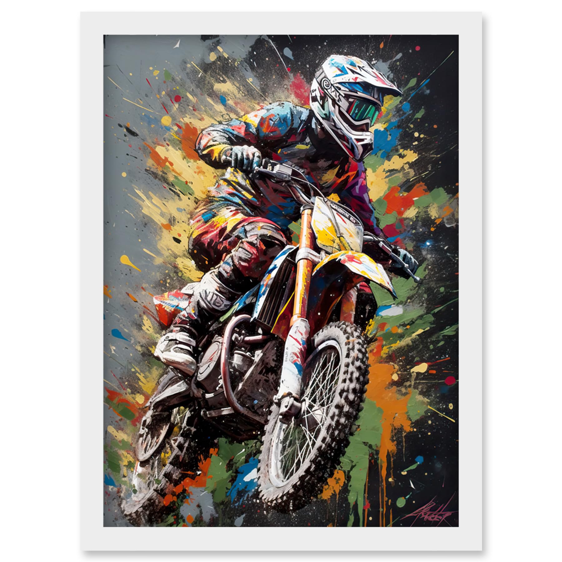 Artery8 Dirt Bike Sport Splatter Paint Motocross Rider Artwork Framed Wall Art Print A4