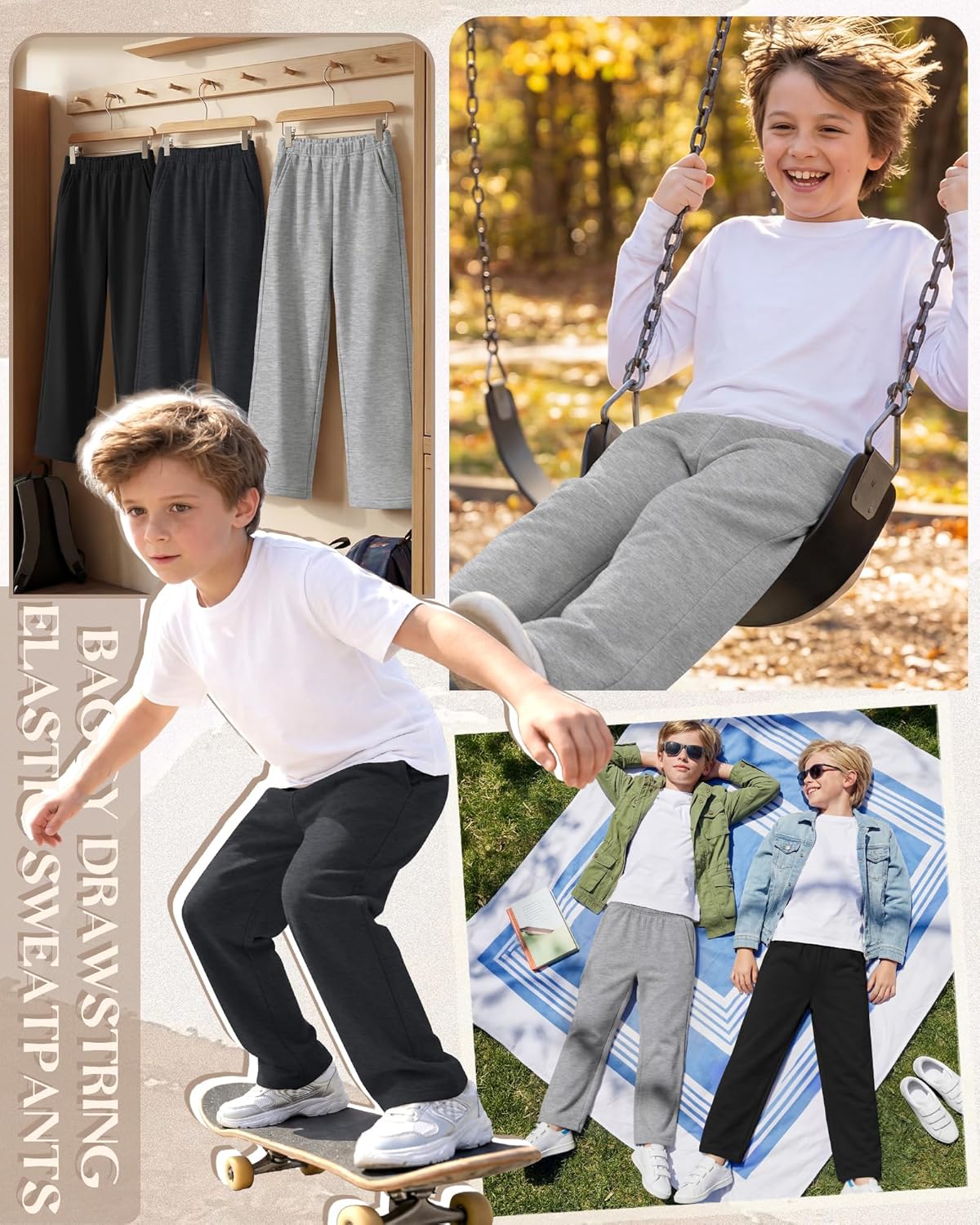 3 Pack Boys Baggy Sweatpants Wide Leg Open Bottom Drawstring Elastic Waist Athletic Joggers Pants with Pockets 6-16y