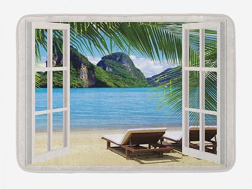 Miniatura 1 de Ambesonne Tapete de baño de playa, palmeras en el cielo del océano, tumbonas para balcón, ventanas de madera blanca, tropical de verano, tapete
