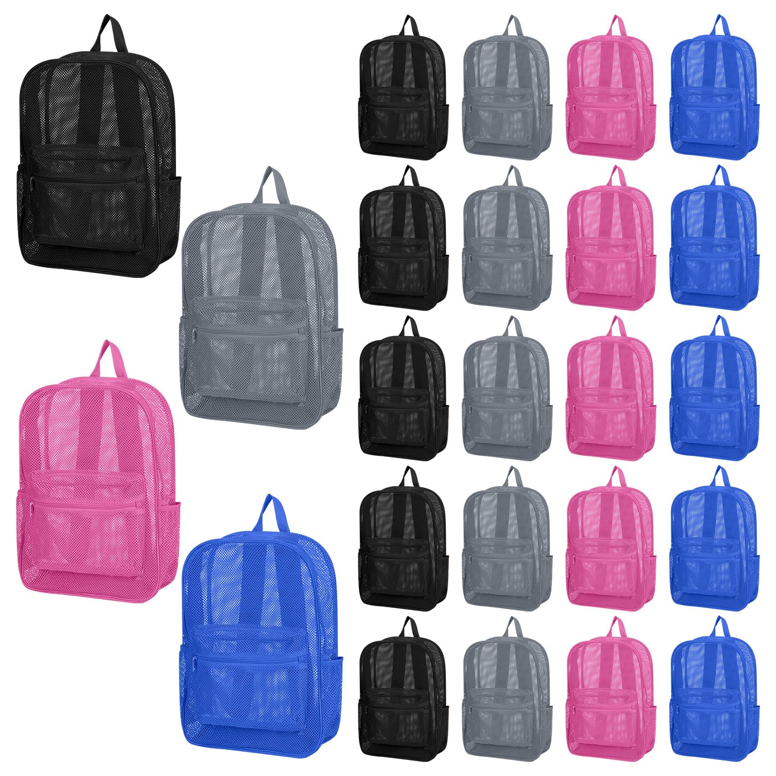Dansydaisy 24 Pack Mesh Backpack bulk for School Heavy Duty See Through Mesh Bookbags for Girls Boys Adults Students Beach (Classic Colors)