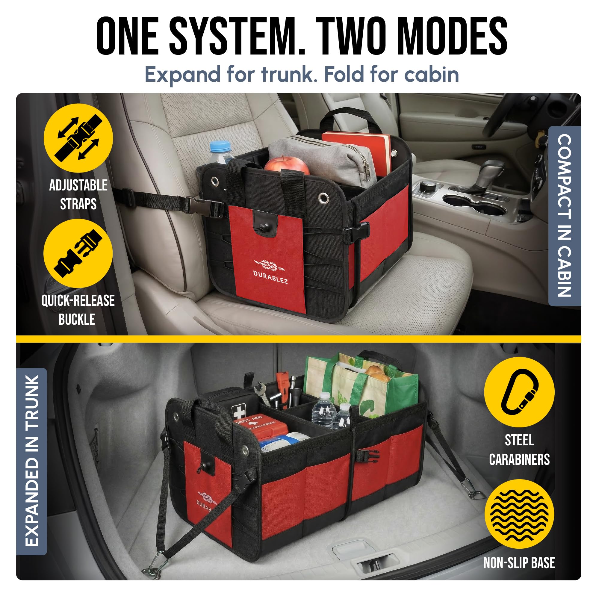 Durabenz Organiseur de coffre avec filet de protection, coussinets antidérapants amovibles et crochets en acier inoxydable, rouge/noir