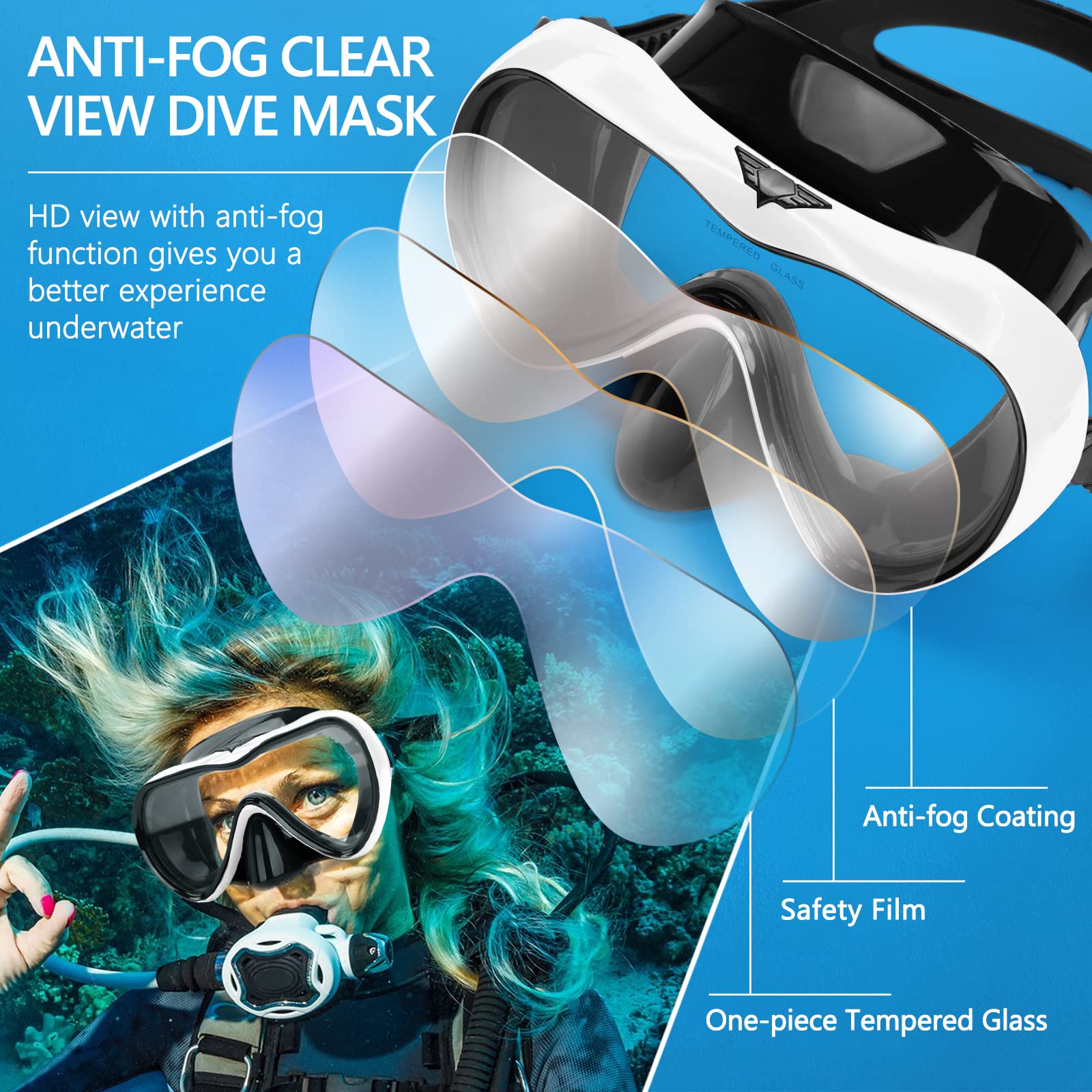 Gafas de natación, gafas de buceo antivaho con cubierta para la nariz, máscara de buceo de silicona antifugas para adultos, máscara de natación de vidrio templado HD de 180 grados para esnórquel con
