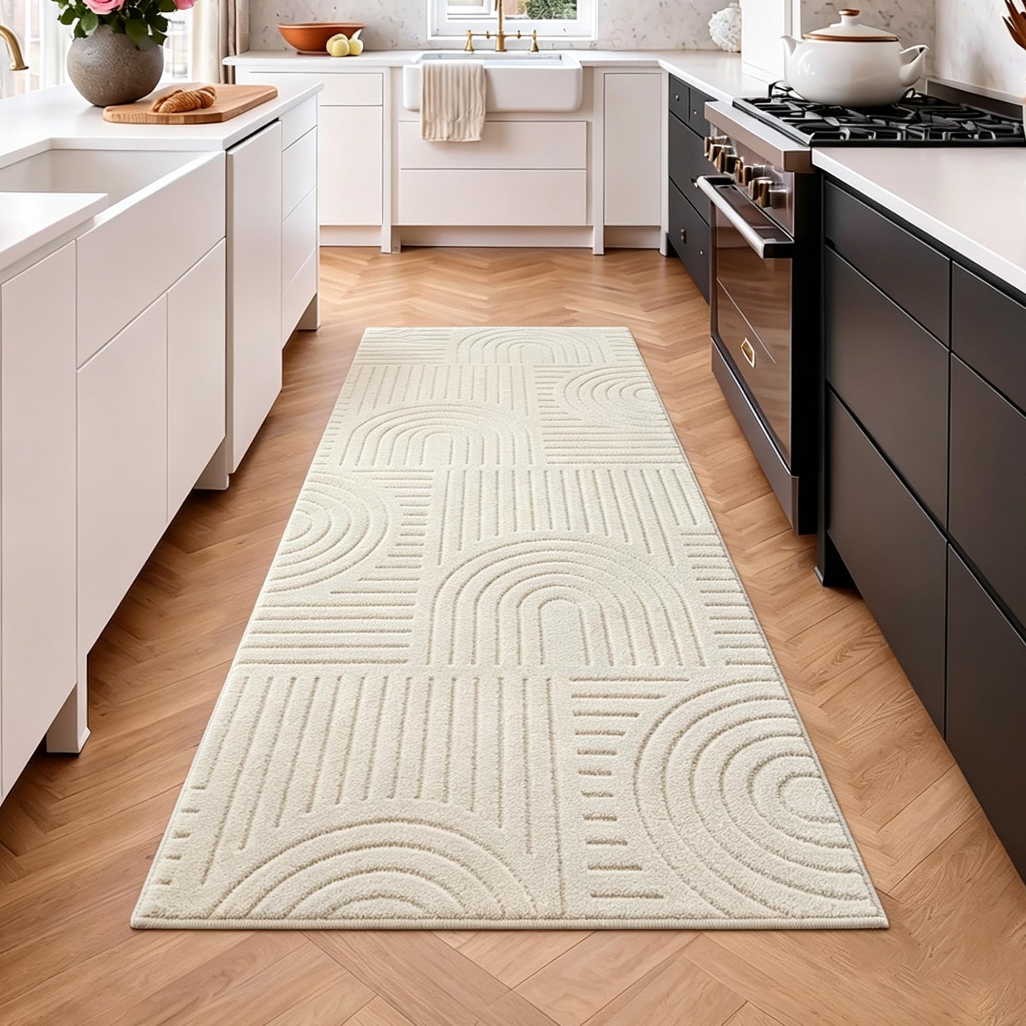 Famibay Tappeto Corridoio 80x200cm Antiscivolo Tappeto Runner Cucina Moderna Passatoia Corridoio Lavabile Morbido per Cucina Lavanderie Ingresso Beige