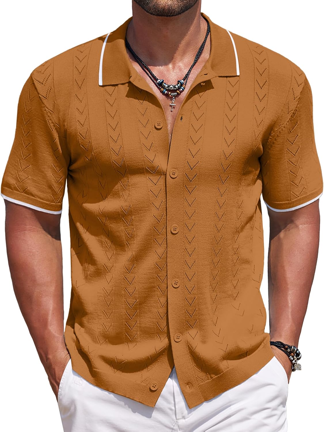 COOFANDY Mens Knit Polo Shirts Button Down Short Sleeve Shirt Summer Casual Beach Vacation Tops