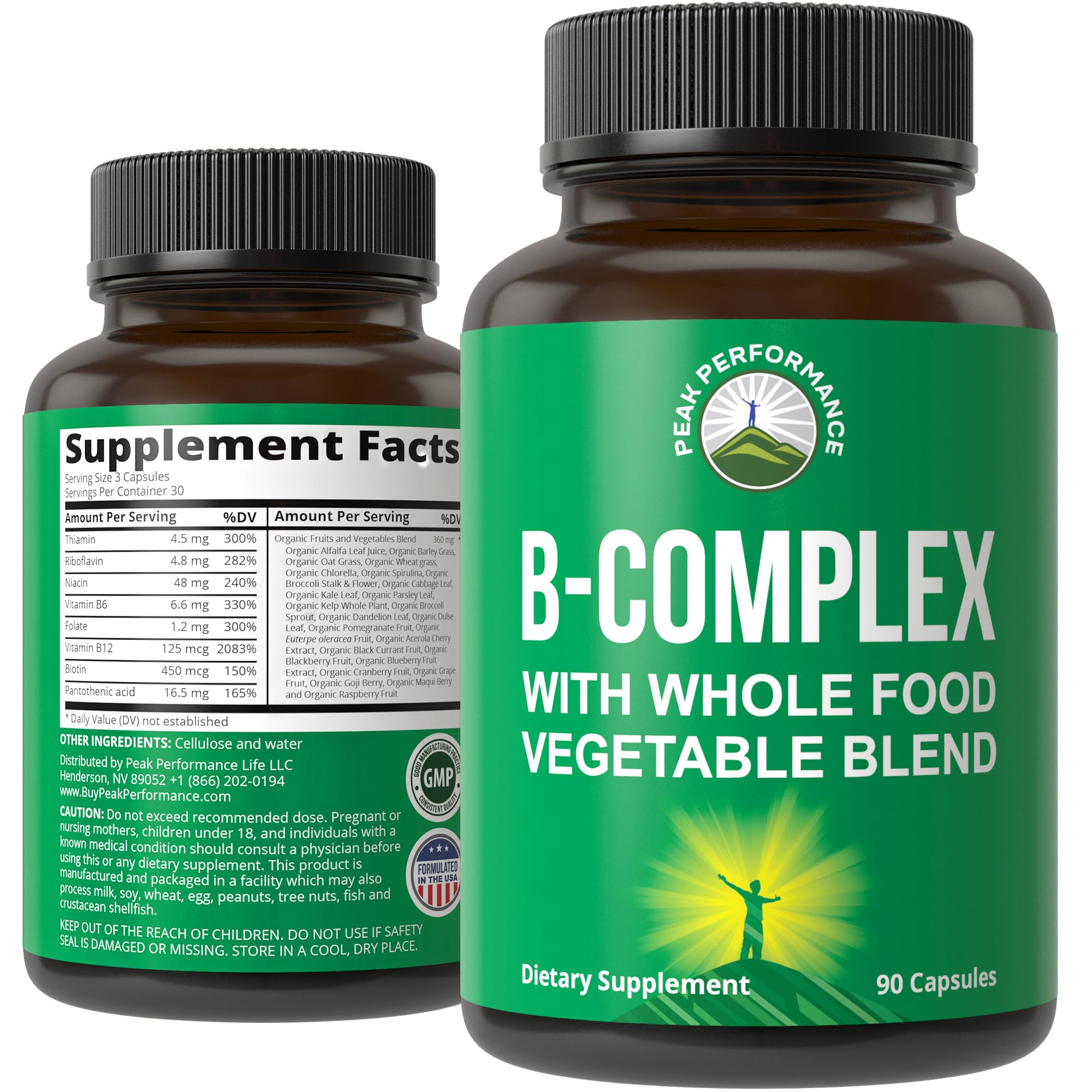 Peak Performance Vegan B-Complex Vitamin Supplements + Whole Food Blend of