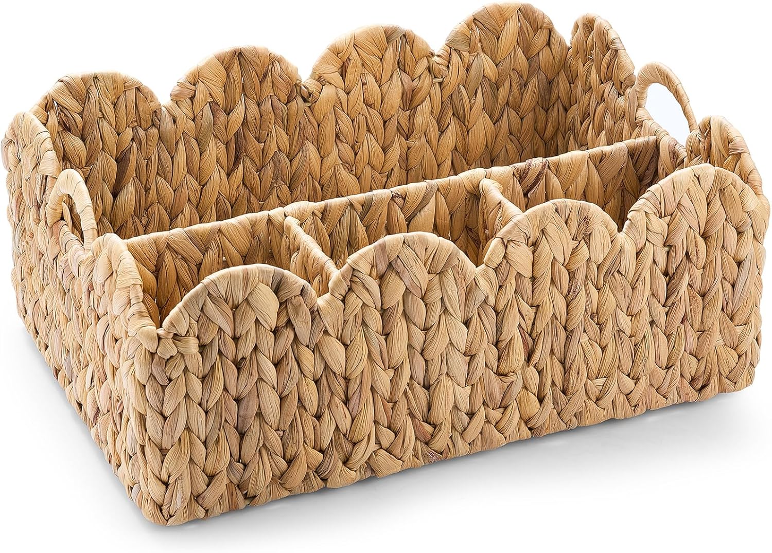 Scalloped Edge Wicker Basket Divided Storage Hand Woven Rattan Water Hyacinth Basket Tray for Bathroom Bedroom Kitchen Shelves Office Decor Organization(Natural,4 Compartments)