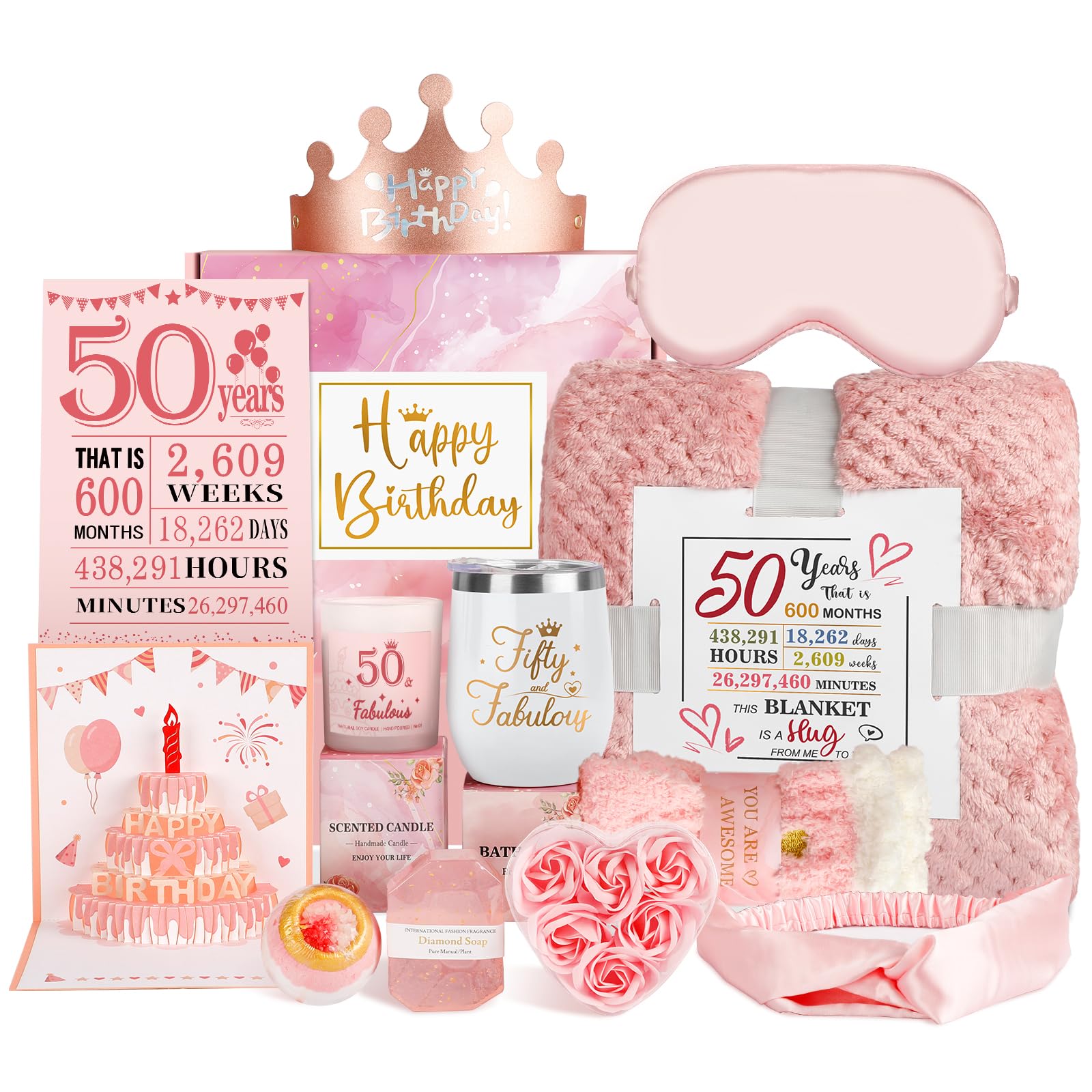 Juesly 50th Birthday Gifts for Women, Care Package Get Well Soon Gifts for 50 Years Old Woman, 50th Birthday Box Relaxing Spa Kit with Tumbler Blanket Poster for Her Mom Wife Friend Sister Coworker