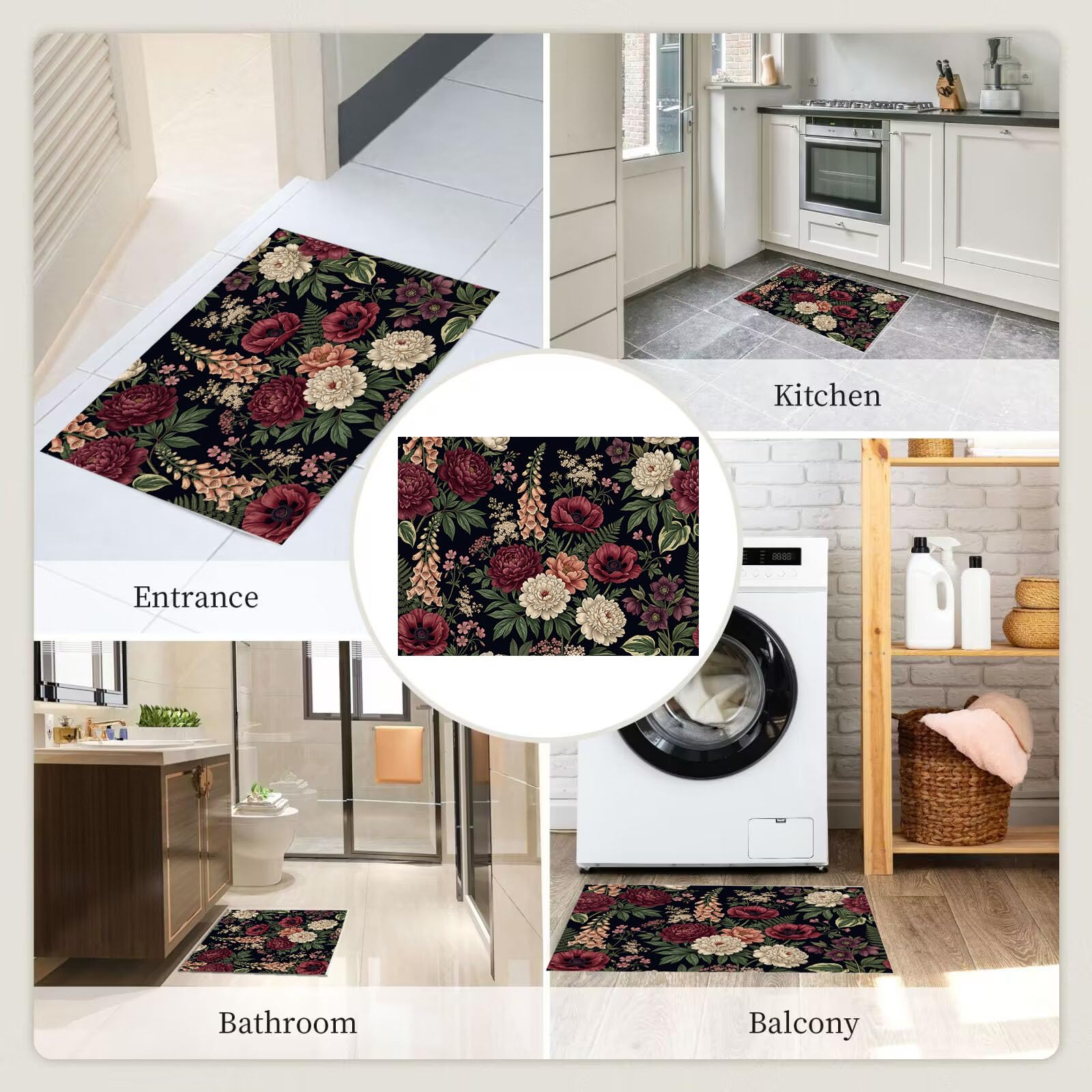 Zerbino Ingresso Interno Floreale Gotico Retrò, Zerbino Di Benvenuto Lavabile Morbida Peonia Misteriosa Papavero, Antiscivolo Tappeto Da Decorazioni Rosso Scuro Per Casa Porta, 60X90Cm
