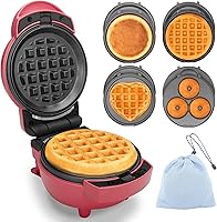 Baker's Friend 4-in-1 Mini Waffle Maker with Removable Plates - Pancake, Donut, Heart Waffle Makers, Compact Red, Recipes Included