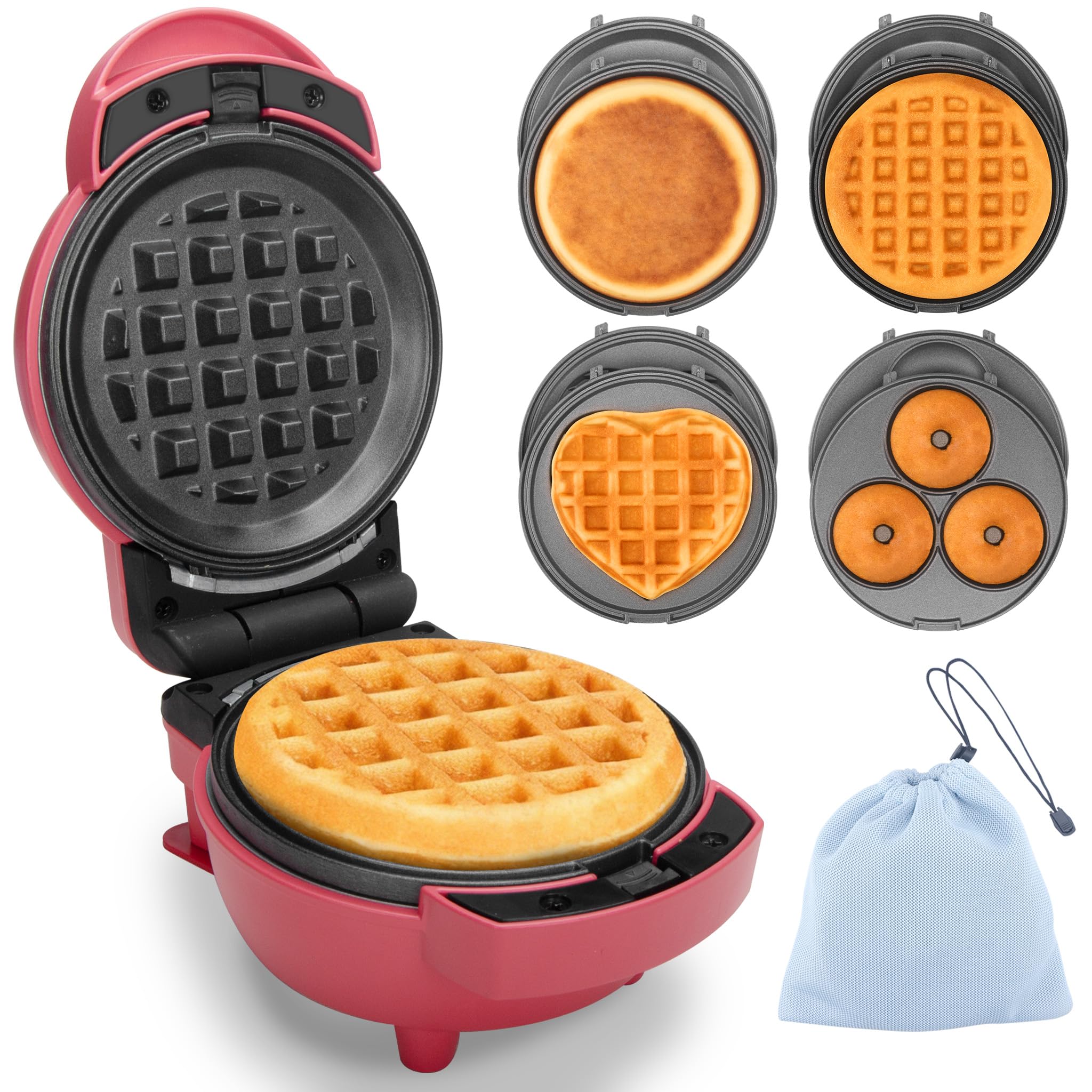 Baker's Friend 4 in 1 Mini Waffle Maker with Removable Plates, Set Includes Mini Pancake, Donut, Heart Shape Waffle Makers, Compact Size, Recipe Included, Red