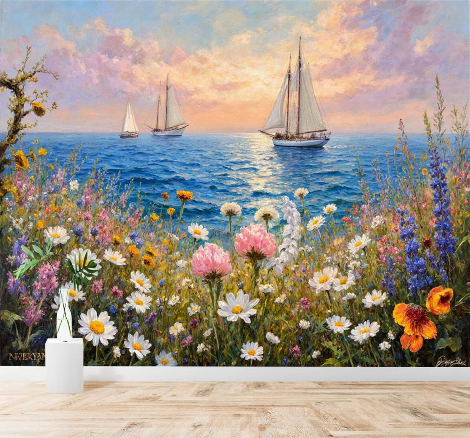 XLMING Blue Sea Sailing Boat Wildflowers Sunset Sky 3D Wallpaper Premium Textured Silk Study Dining Living Room Bedroom Sofa TV Wall Easy Install-250cm×170cm