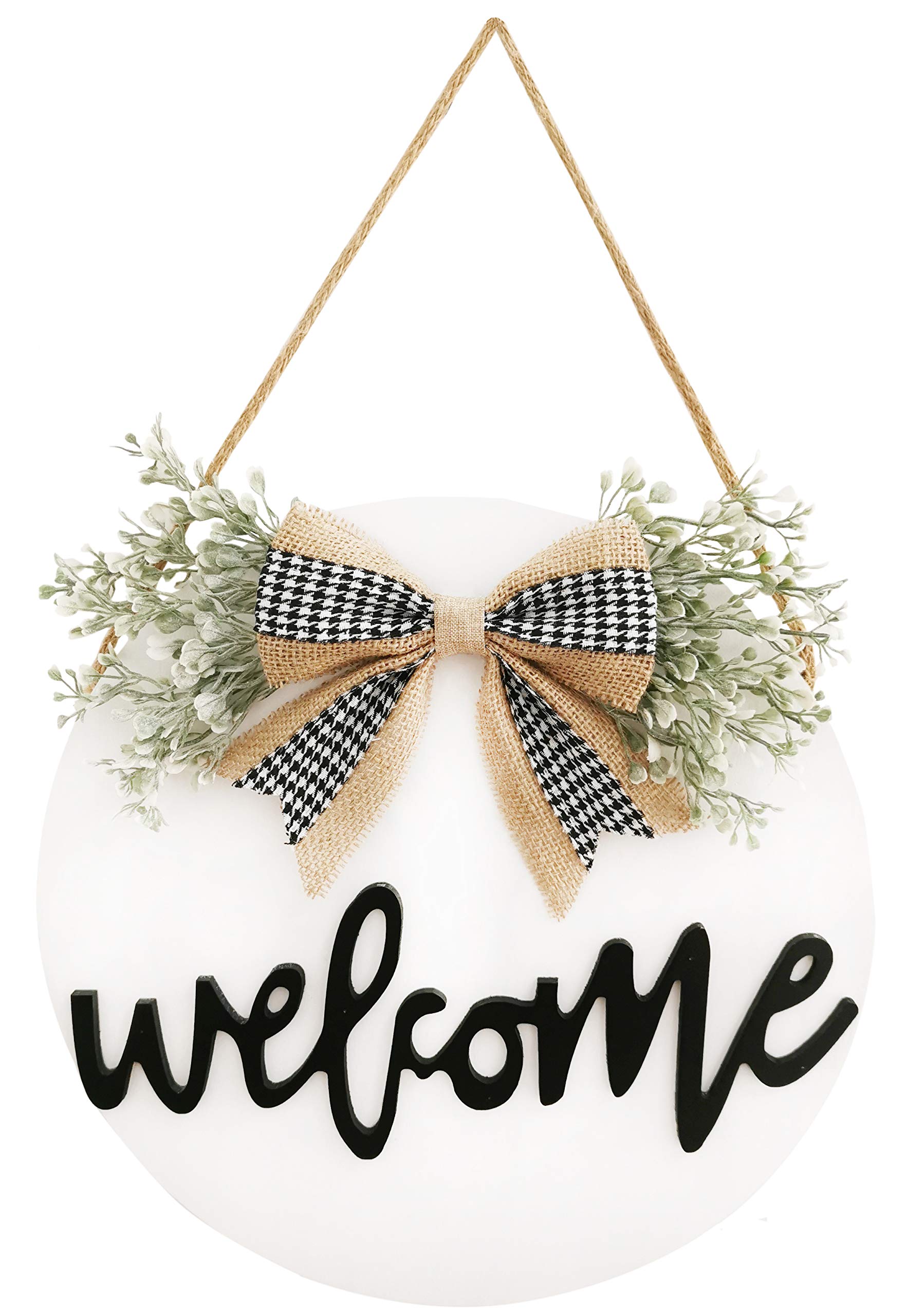 TIMECOSY Welcome Wreaths Front Door,Welcome Sign for Farmhouse, Rustic Wooden Door Hangers Front Porch Decor Outdoor Hanging Vertical Sign (White)