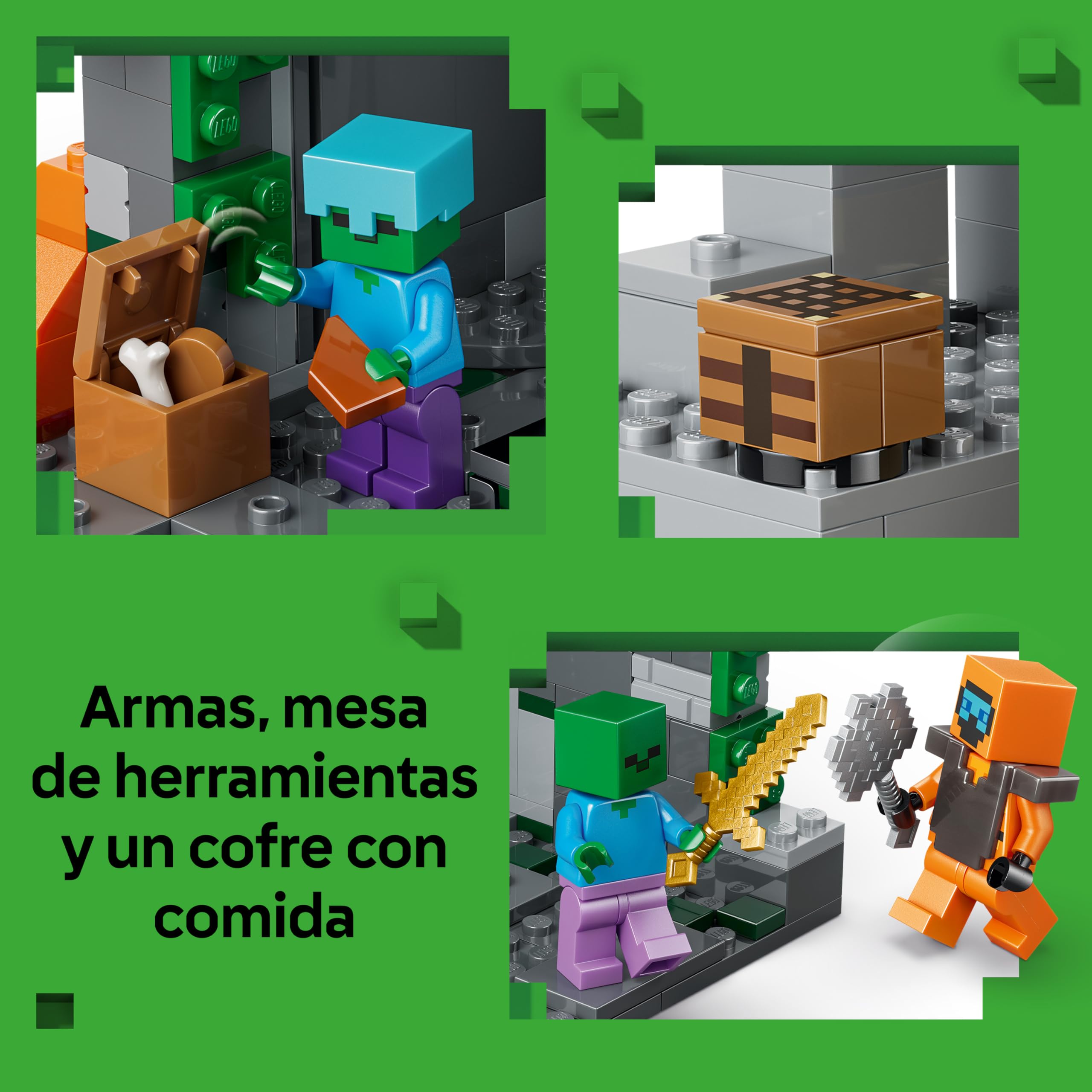 LEGO Minecraft La Mazmorra de Zombis - Juguete Interactivo con Minifigura de Errante, 3 Figuras de Zombis, Limo y Mesa de Trabajo - Regalo Gamer para Niños y Niñas de 8+ Años – 21587