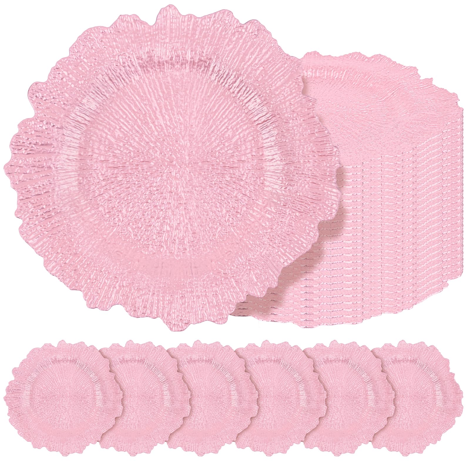 Photo 1 of ***4 PIECES ONLY***Teruntrue 4 Pcs Pink Charger Plates Bulk 13 Inch Plastic Charger Plates for Dinner Plate, Pink Chargers for Table Setting, Reef Design Plate Floral Decorative Round Chargers for Wedding Party Event***4 PIECES ONLY***