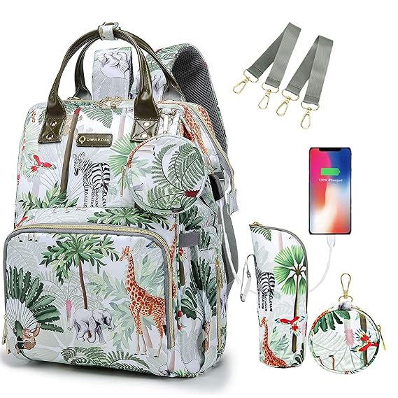 Floral Diaper Bags for Baby Girl,Baby Bag with USB Charging Port Stroller Straps and Insulated Pocket For Women/Girls/Mum/Toddler by Qwreoia (White Animal Pattern)