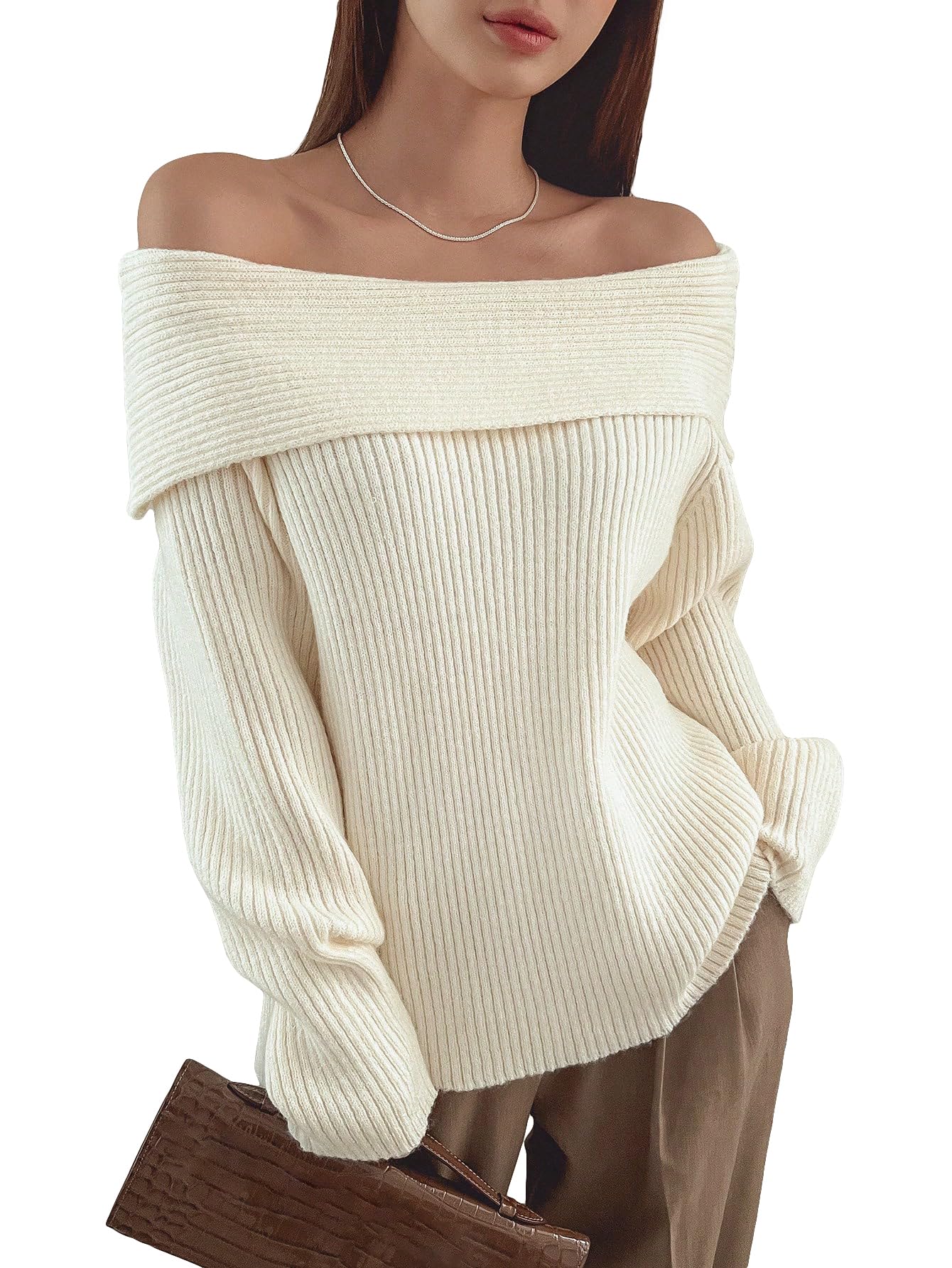 Verdusa Womens Foldover Long Sleeve Loose Off Shoulder Sweater Knit Pullovers Jumper Tops