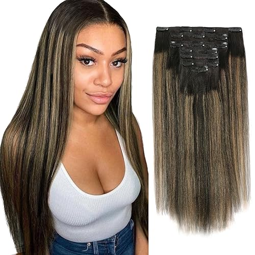 Sassina Extensiones de cabello humano lacio Yaki de 18 pulgadas con clip, color negro azabache, doble trama para mujeres afroamericanas, 7 piezas, Sassina Extensiones de cabello humano lacio Yaki de 18 pulgadas con clip, color negro azabache, doble trama para mujeres afroamericanas, 7 piezas,