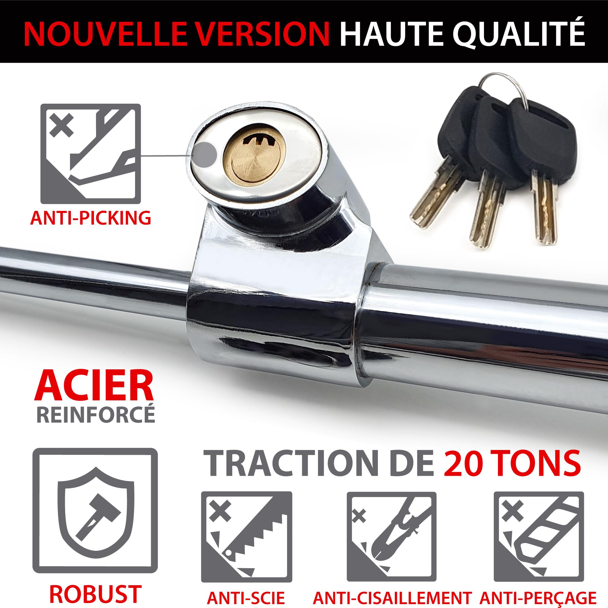 KRASER KR837 Canne Antivol Voiture Volant Pedale Haute Sécurité, Crochet Télescopique Plus Extensible, Bloque Volant Efficace et Dissuassif, Robuste Barre Bloc Anti Vol Universelle Auto, Camping-Car
