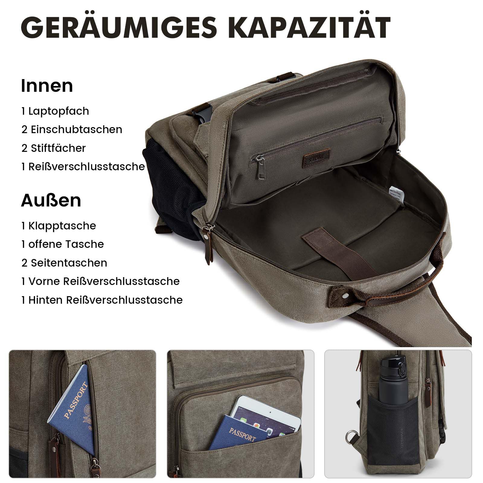 S-ZONE Herren 13-16 Inch Canvas Wasserdicht Laptop Rucksack Crossbody Sling Brusttasche Umhängetasche Lässiger Tagesrucksack