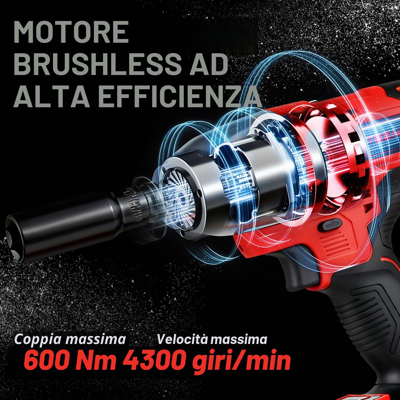 TEENO Avvitatore a impulsi a batteria da 600 N.m,1/2" Avvitatore a Impulsi 4300 RPM con 2 Batterie 4.0Ah, avvitatore a percussione con 4 ugelli(17/19/21/22mm),avvitatore a percussione per auto e uso