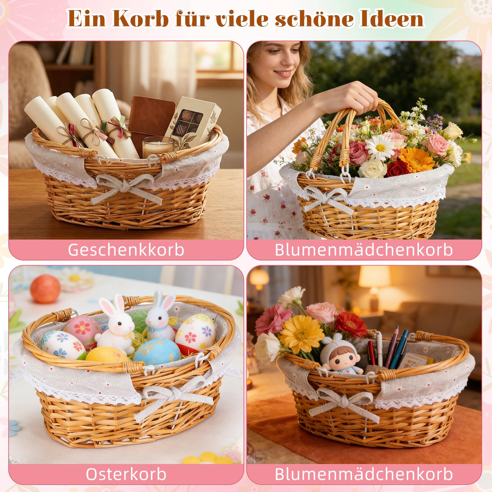 Abaodam Weidenkorb Mit Henkel (33x23cm) - Geflochtener Picknickkorb Aus Weide Geflochtene Aufbewahrungskörbe - Geflochtene Blumenkörbe Zur Aufbewahrung Osterpicknicks Heimdekoration