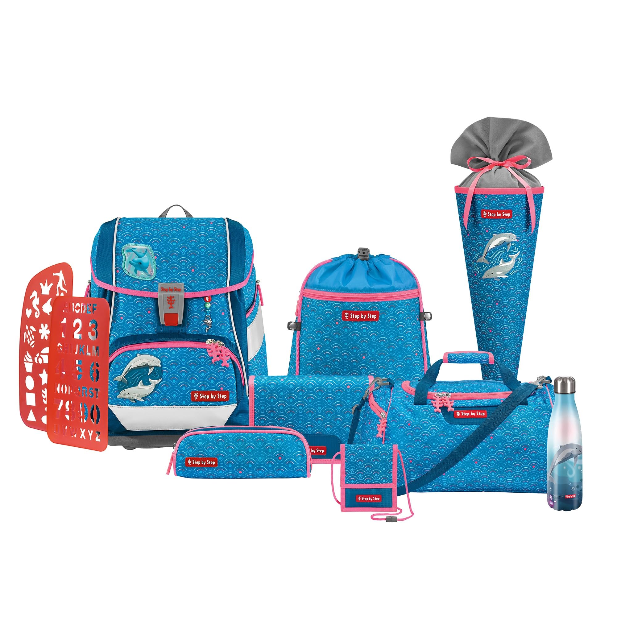 Step by Step Schulranzen-Set 2IN1 Plus „Dolphin Pippa“, 10-teilig, blau, ergonomischer 19L Tornister, höhenverstellbar mit Hüft- und Brustgurt für Mädchen ab der 1. Klasse, inkl. Zubehör