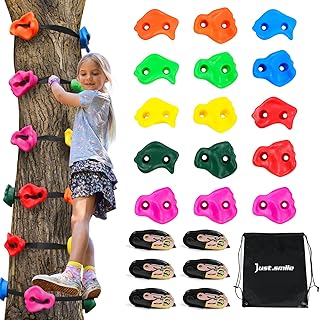 Just.smile Climbing Hold for Kids Outdoor-Ninja Tree Climbing Rocks 15 Pcs with 6 Ratchets-Climbing Grip Kits for Ninja Wa...