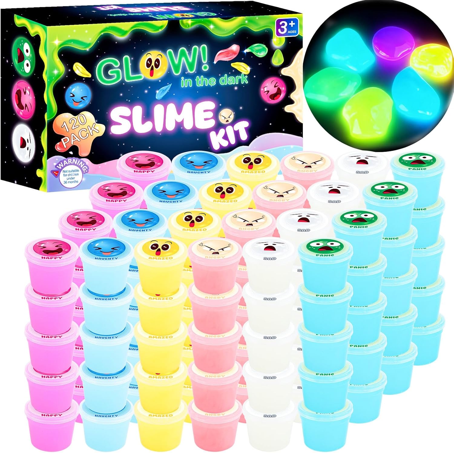 120 Pack Mini Galaxy Bulk Slime Kit for Kids, Glow in The Dark Slime with 6 Colors, DIY Slime Party Favor for Girls & Boys, Birthday Gifts, Classroom Rewards, Valentines Day Studen Bags Stuffers