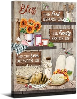 Kitchen Canvas Wall Art Bless the Food Before Us Wall Decor Rustic Blessed Sign Pictures Farmhouse Christian Dining Room Home Decor Retro Family Religious Paintings Sunflower Prints Artwork 16x24"