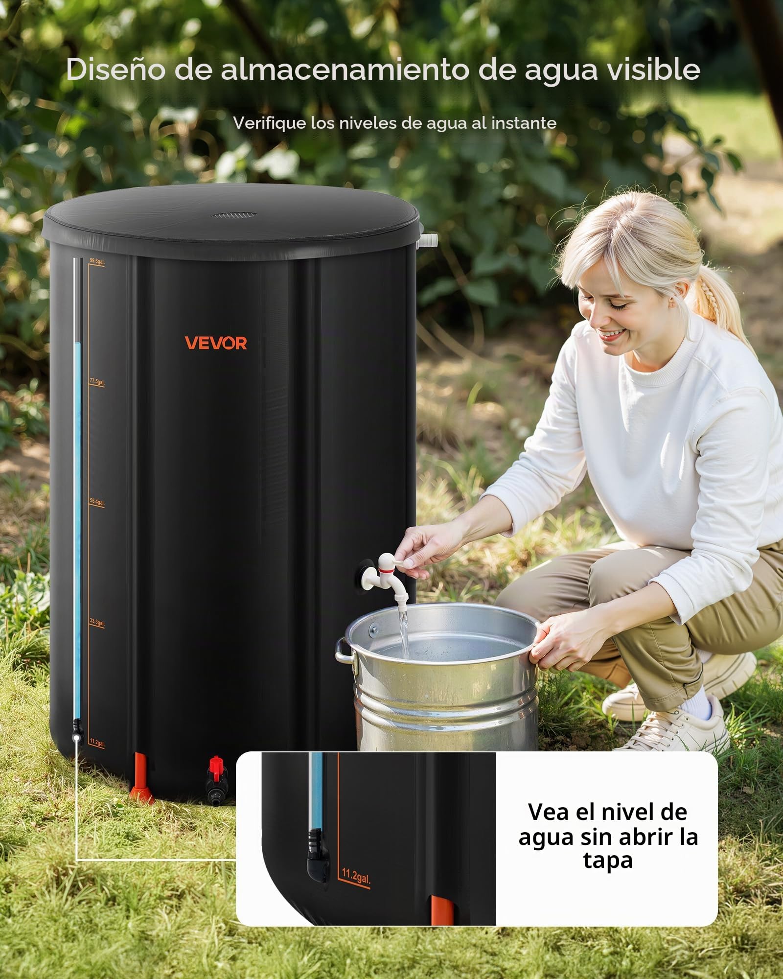 VEVOR Barril de Lluvia Plegable, Barril Portátil de 380 L de PVC 1000D para Recolección de Agua de Lluvia, Contenedor de Almacenamiento de Agua para Jardín con Grifo y Kit de Desbordamiento, Negro