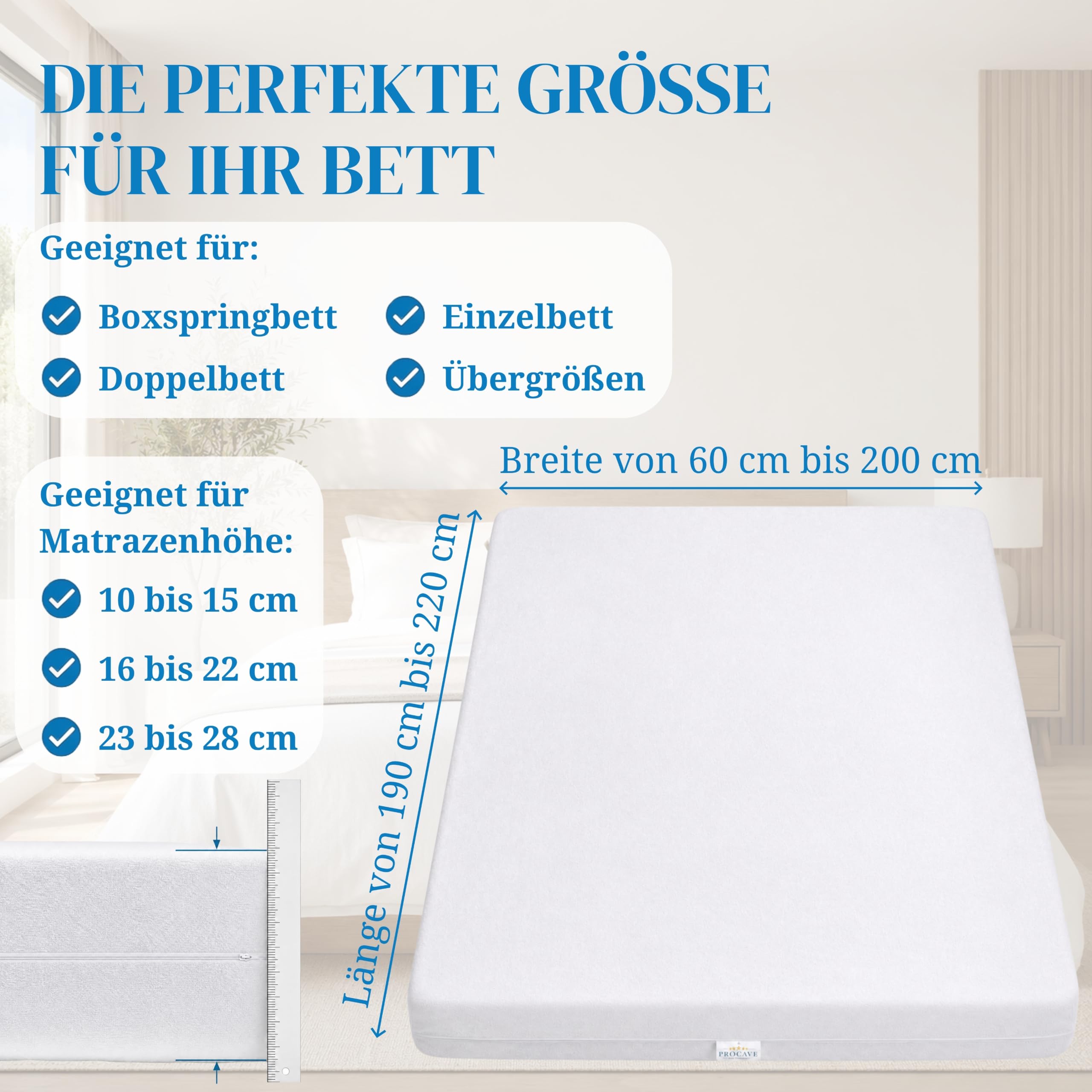 PROCAVE - Coprimaterasso in spugna, senza imbottitura, Matratzen-Höhe 23-28cm, 200 x 220 cm
