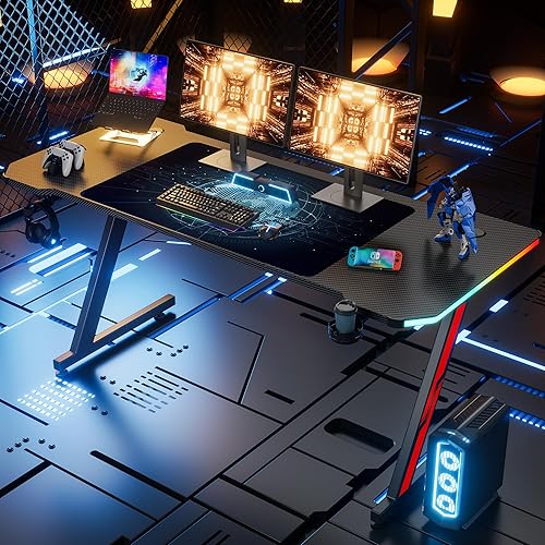 Miniatura 2 de Homall Escritorio para computadora de juegos con superficie de fibra de carbono, mesa de juegos en forma de Z para PC en casa con soporte para tazas