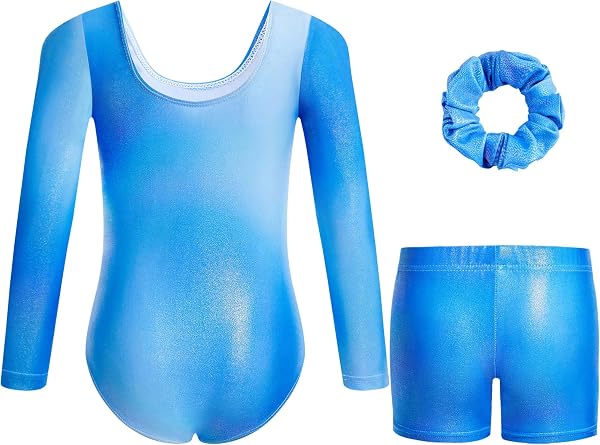 Gogokids Maillots de Gymnastique Trois Pièces pour Filles, Ensemble de Gymnastique à Manches Longues avec Short et Bandeau, Justaucorps de Danse Brillant avec Design de Couleur Dégradée pour 3-12 Ans - 2