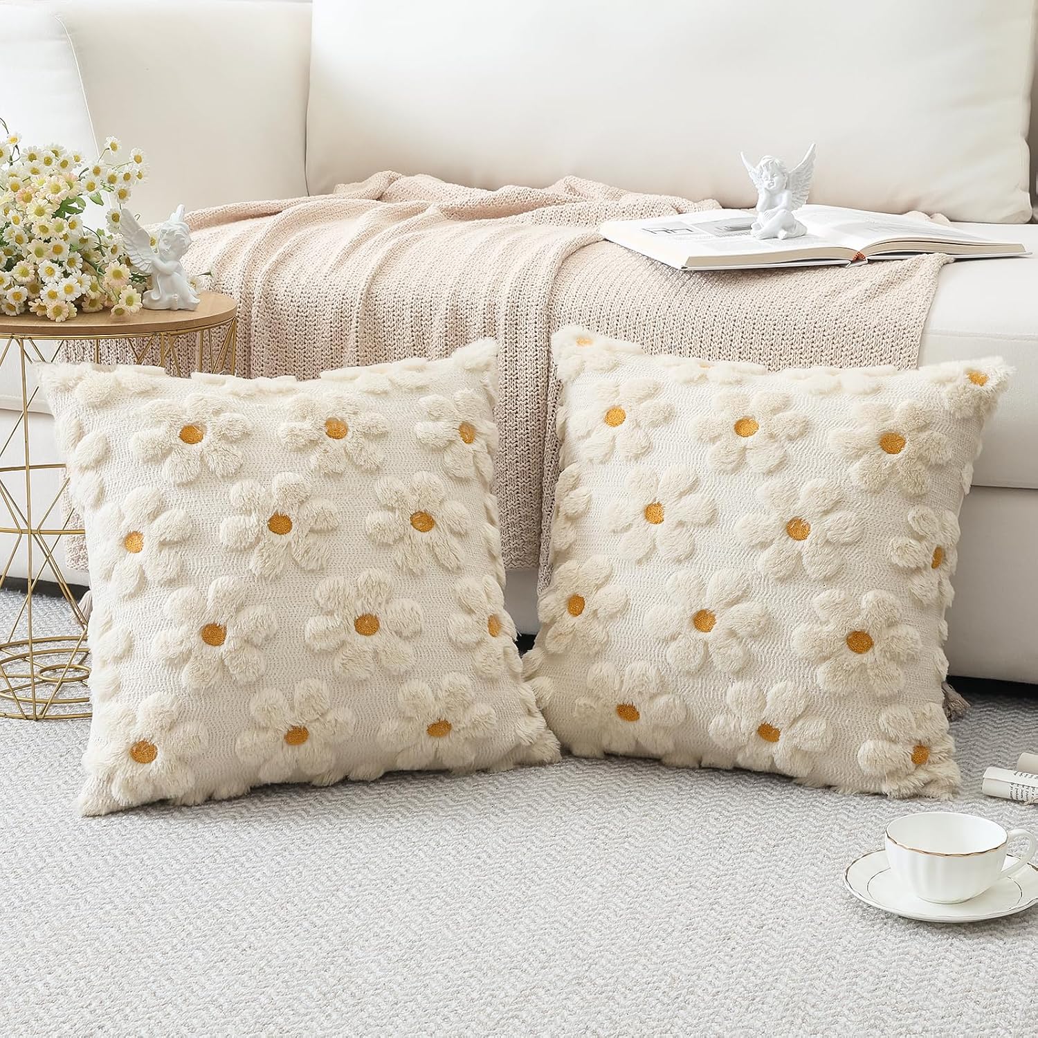 OTOSTAR Flowers Throw Pillow Covers Set of 2 Spring Summer Cushion Covers for Sofa 26x26 Inch Square Soft Plush Short Wool Velvet Pillowcase Seasonal Holiday Decor Cream Beige