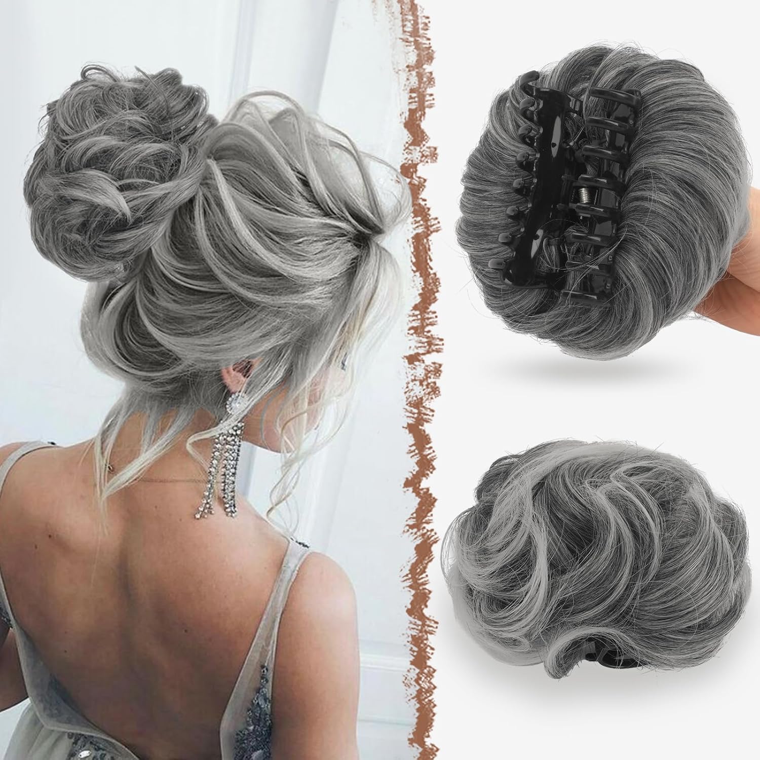 FESHFEN Messy Bun Hair Piece with Claw Clip Hair Buns Gray