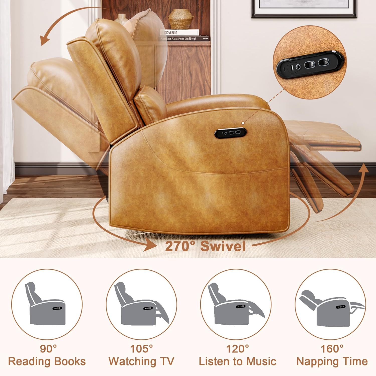 iPormis Power Recliner Chair for Adults, Leather Swivel Rocker Recliner Chair with Power Headrest/Lumbar Support/Charging Ports, Electric Recliner Single Sofa Chair for Living Room/Bedroom, Brown