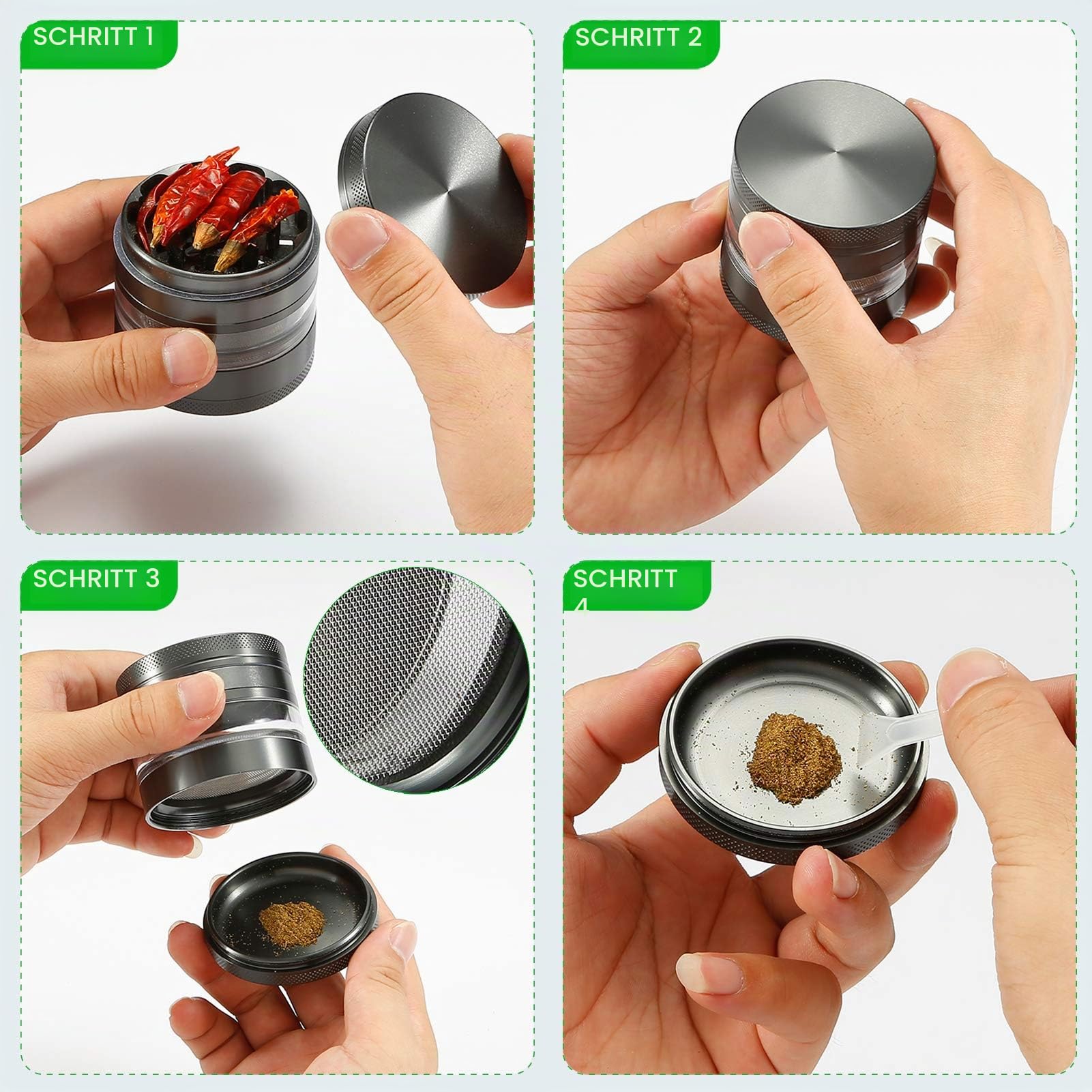 Grinder Crusher Pollen Herb Grinder für Spice,Kräuter,Gewürze,Herb, 4-teiliges Set mit Pollen Scraper