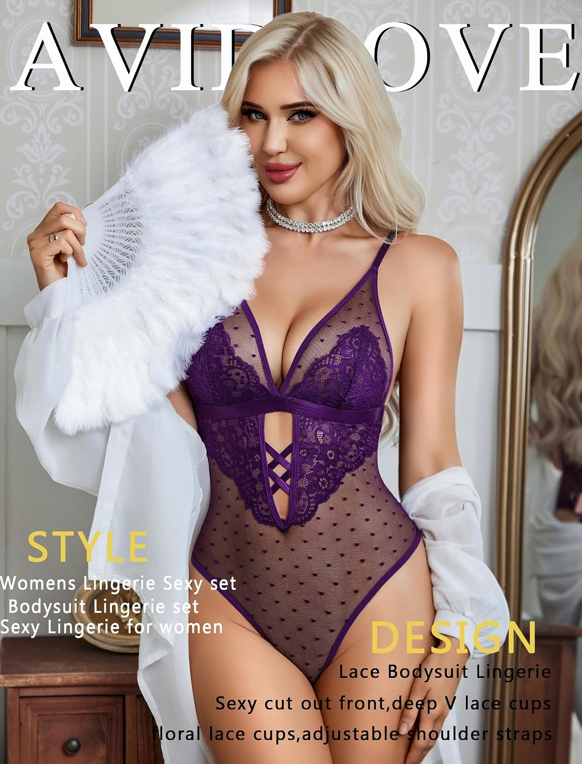Women's Lingerie Sexy Lace Bodysuit V Neck Teddy Lingerie Mini Babydoll | Sexy Lingerie Cut out Bodysuit,One Piece,Snap Crotch,S-XXL