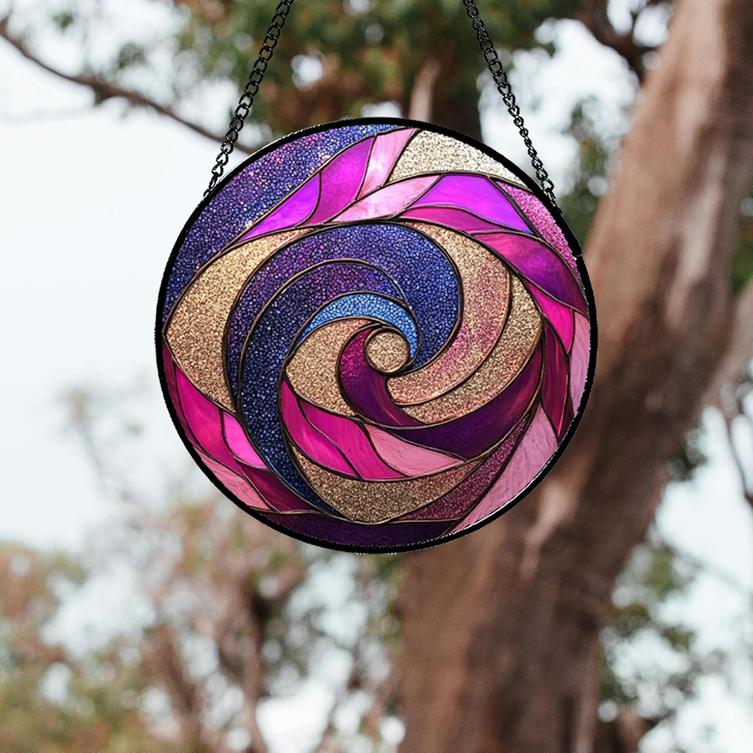 Stained Glass Window Hanging Purple Gold Abstract Spiral Large 11.8" - Suncatcher Door Garden Sunroom Sun Catcher Home Decor Housewarming Birthday for Mom Grandma Men Woman