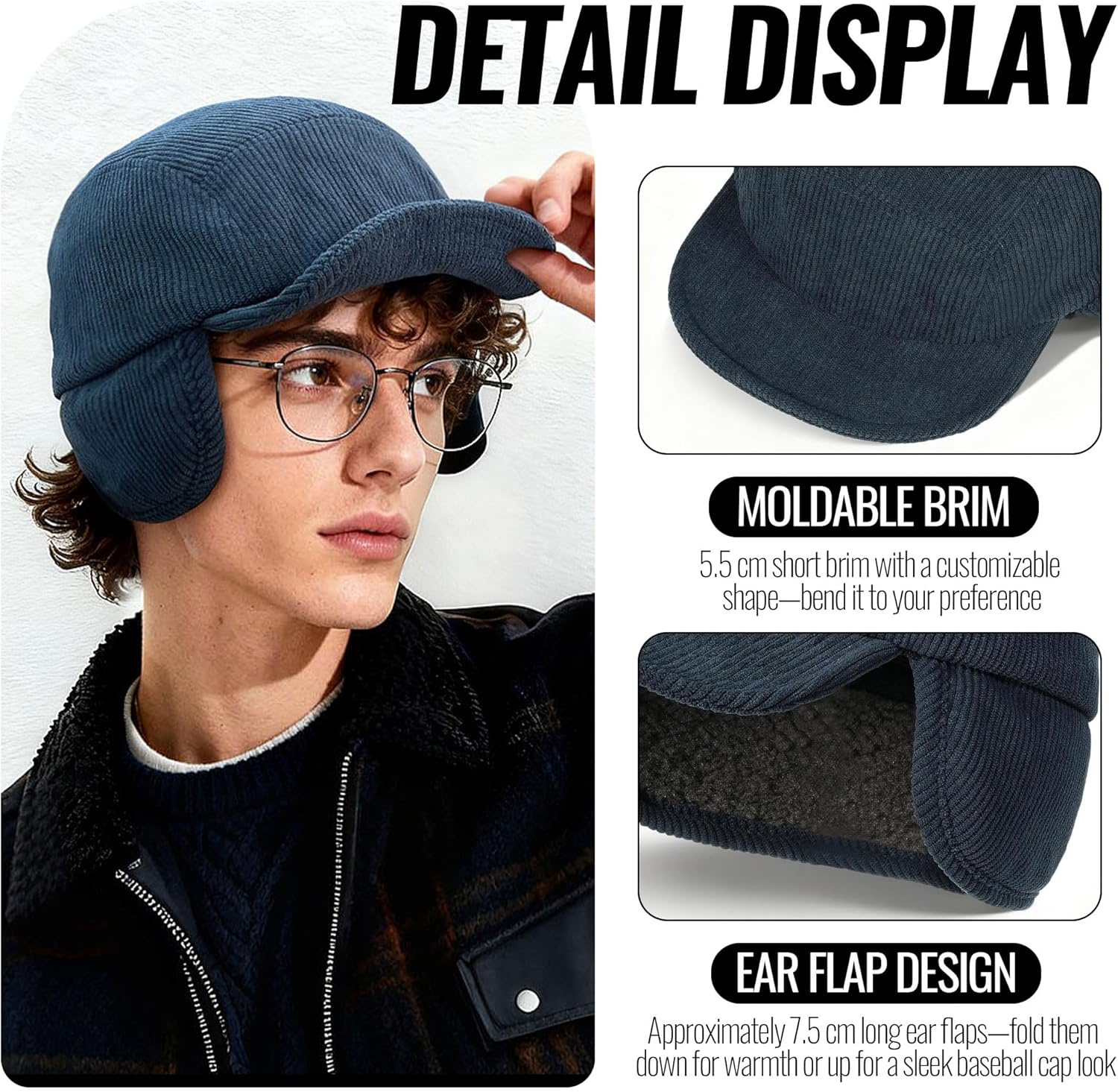 CLAPE Winter Ear Flap Hat for Men, Soft Corduroy Short Brim Baseball Cap with Shapeable Visor for Cold Weather - Image 5