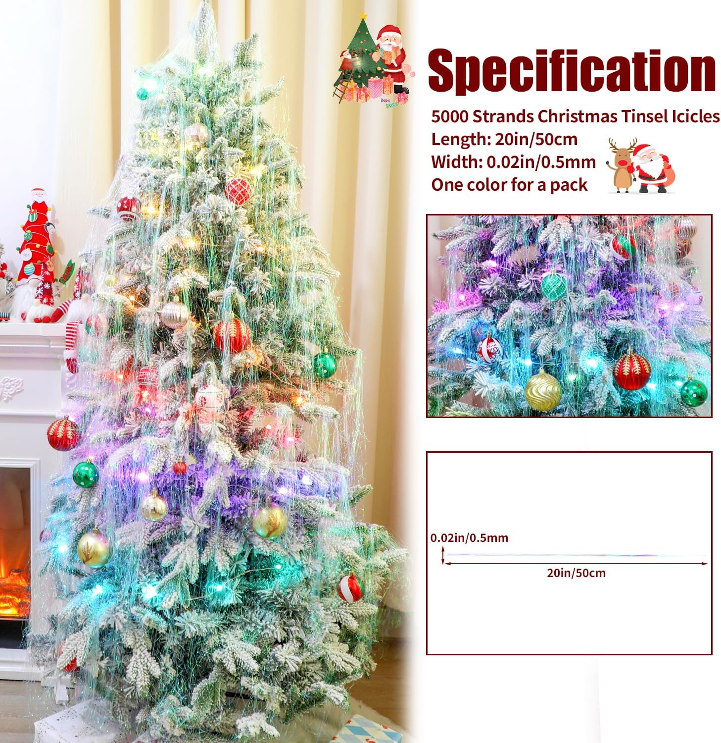 CCINEE 5000 Strands Christmas Tinsel Icicles, 19.7 Mylar Foil Icicle for Xmas Tree, Holiday, Party, Birthday Decorations, Iridescent