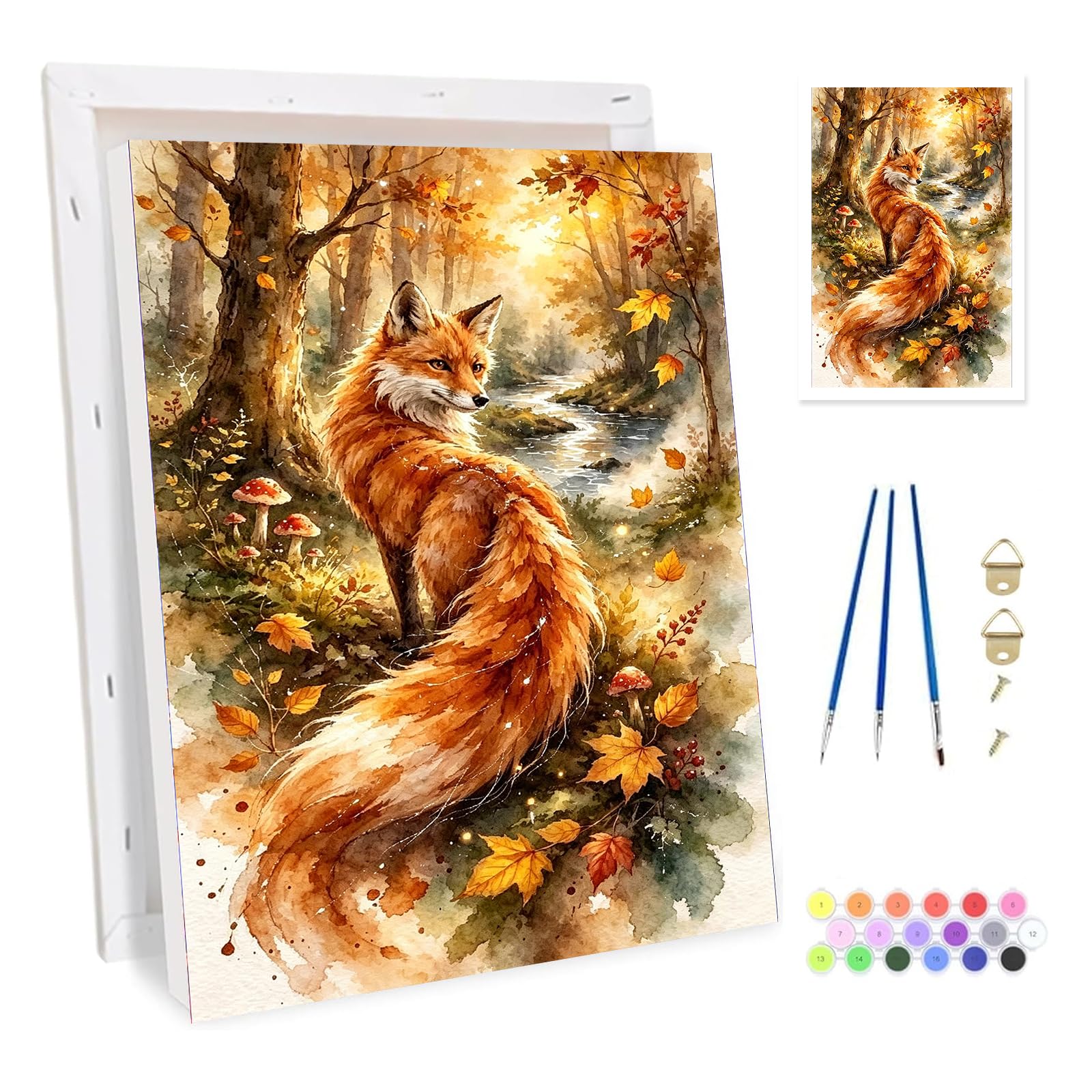 Bowetile Framed Autumn Landscape Paint by Numbers for Adults Canvas, Fox Painting by Numbers Kit for Beginners Canvas, DIY Color Oil Painting Acrylic Paints for Home Wall Decor20x30cm