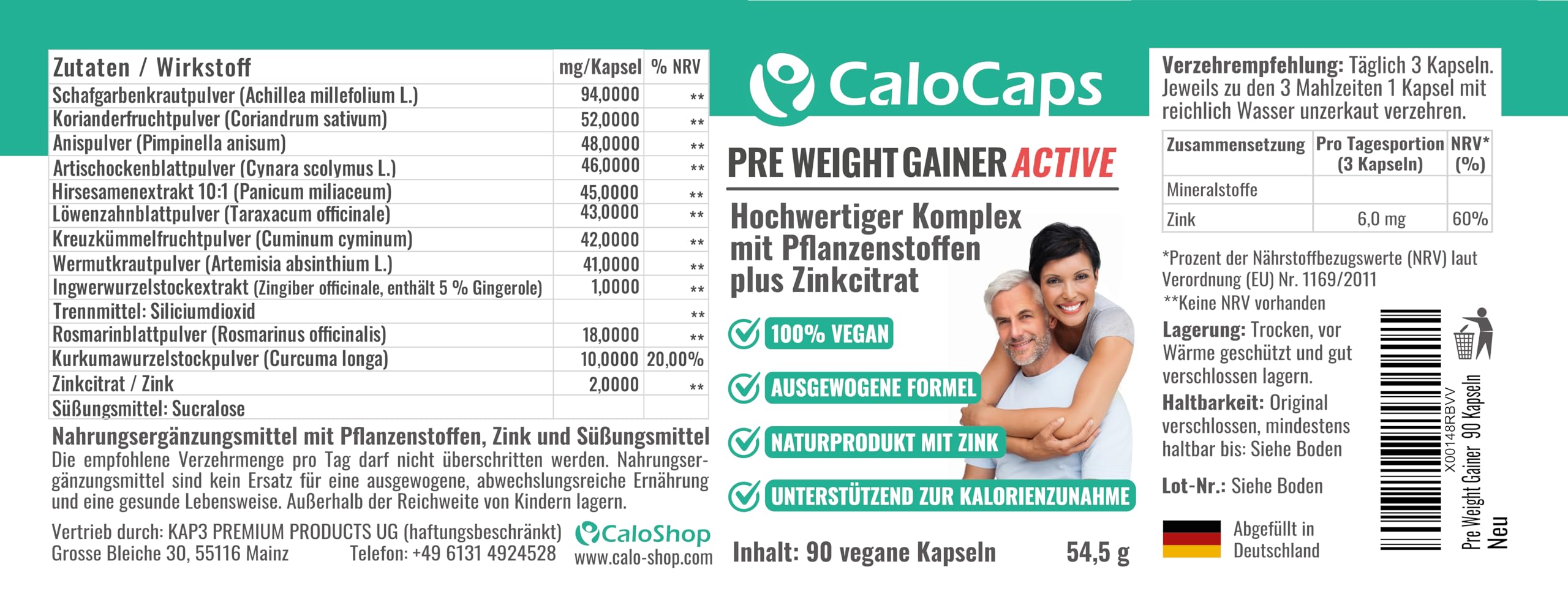 CaloCaps PRE WEIGHT GAINER | 11-Kräuter Bitterkomplex + Zink für Stoffwechsel & Nährstoffverwertung | Natürliche Unterstützung in Aufbauphasen & für Hardgainer | Vegan & Hochdosiert | 90 Kapseln