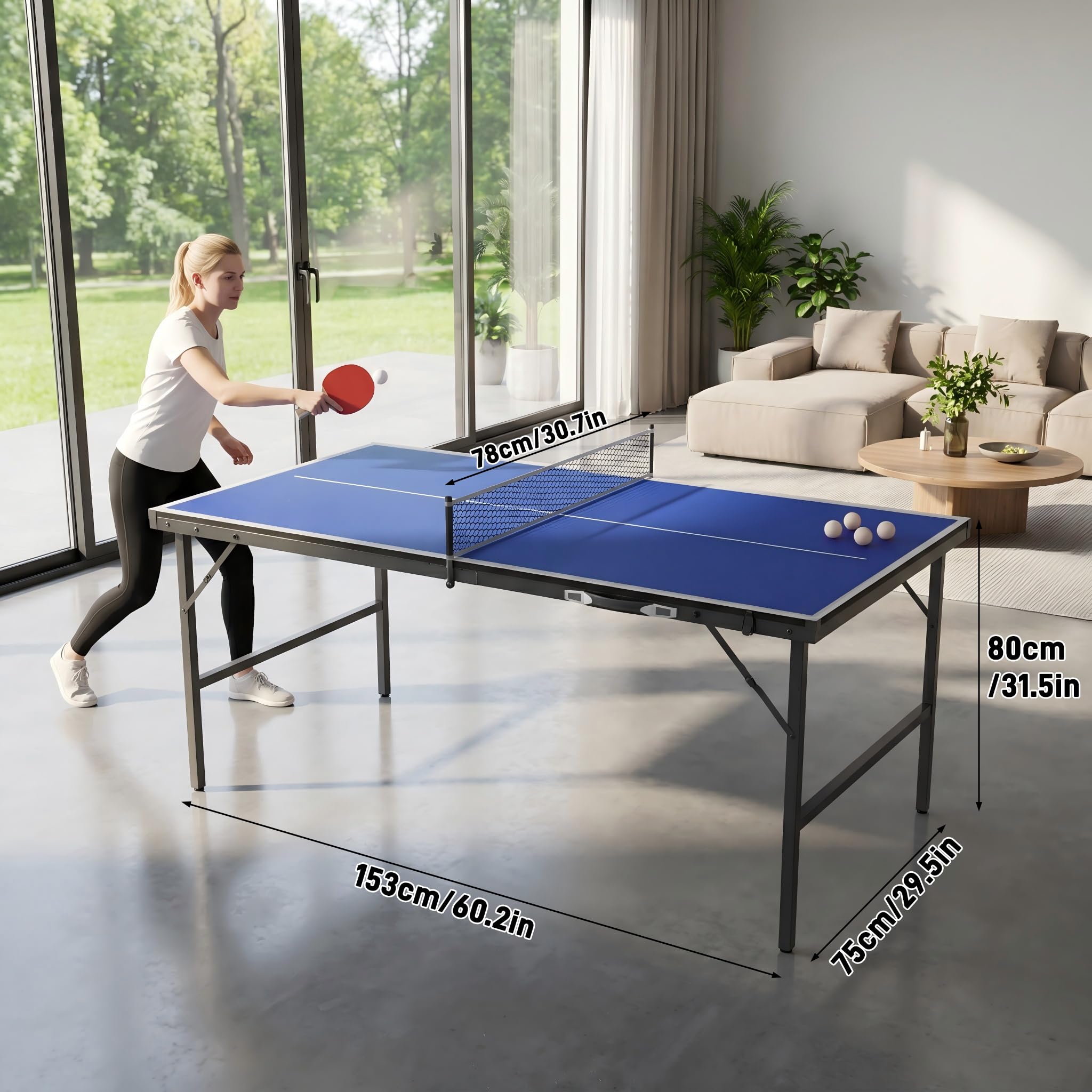 YRHome Mini mesa de ping pong plegable 153 x 75 x 80 cm, 14 mm laminado MDF con estructura de acero galvanizado, diseño de maletín portátil, incluye 2 raquetas, 5 bolas de red, bolsa de almacenamiento